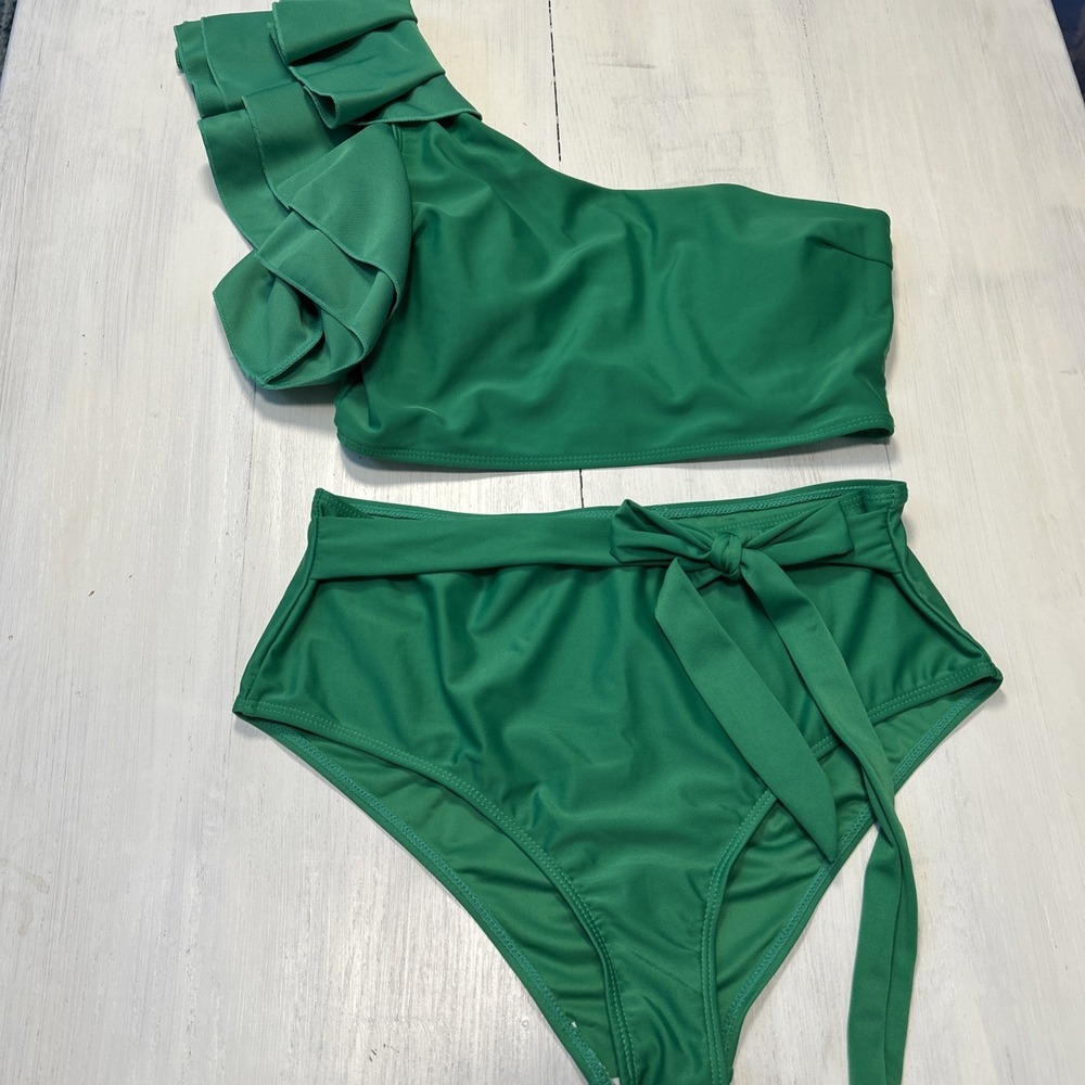 Women L Green One Shoulder Full Bottoms‎ Bikini Set Swimsuit 6315